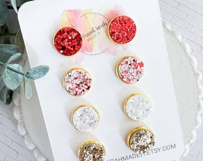 12mm Glitter Leather Stud Set in Red, Pink, White, and Gold