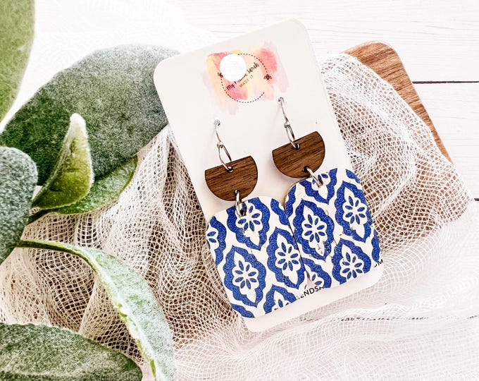 Blue Tile Cork & Wood Drop Earrings