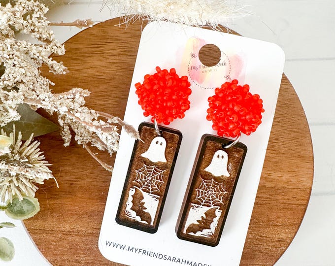 Ghost + Bat Halloween Wooden Bar Earrings