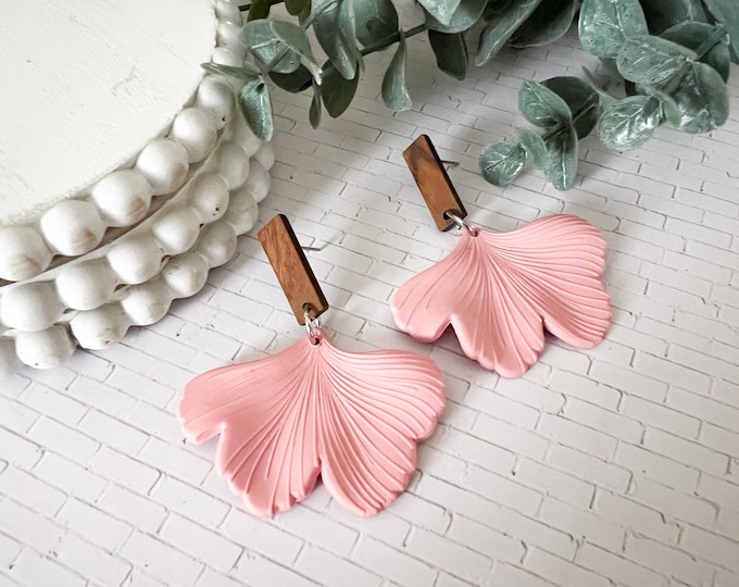Blush Pink Ginkgo Leaf & Wood Stud Earrings