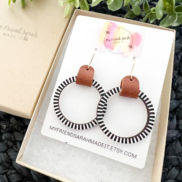 Hand Painted Black & White Leather Wrapped Wood Hoop Earrings | Customizable Sizes | Genuine Leather and Wood Earrings #1803