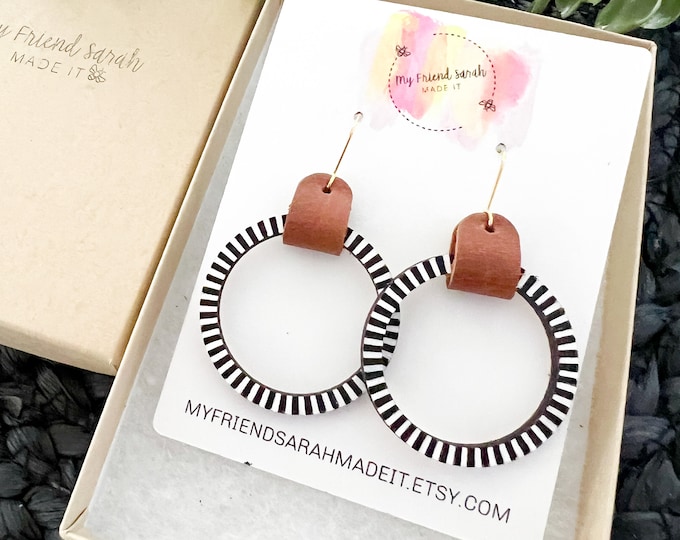 Hand Painted Black & White Leather Wrapped Wood Hoop Earrings