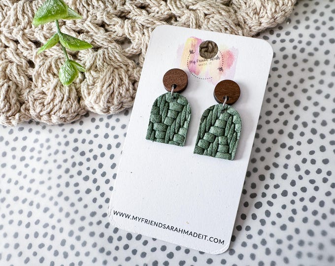 Green Basketweave Leather Earrings