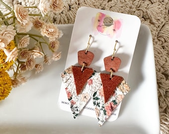Floral Leather and Suede Fringed Triangle Earrings with Wood