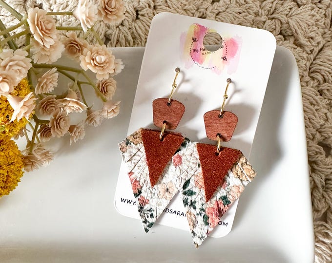 Floral Leather and Suede Fringed Triangle Earrings with Wood