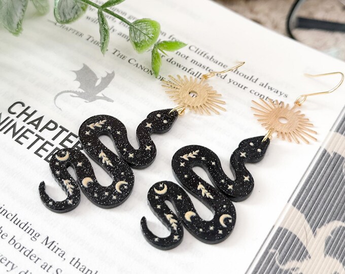 Black Celestial Snake & Sun Earrings