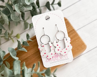 White & Pink Confetti Heart Scalloped Earrings