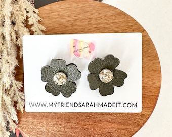 Olive Green Floral Statement Stud Earrings