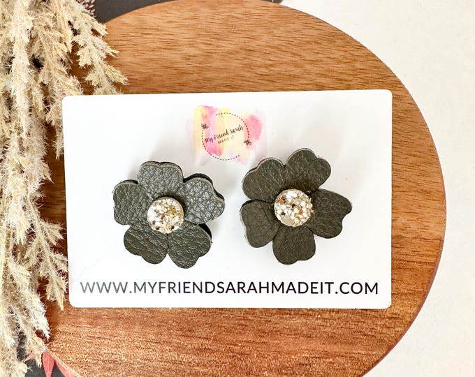 Olive Green Floral Statement Stud Earrings