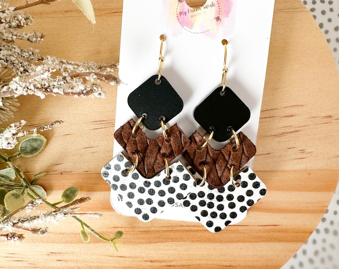 Pink Boho Crescent Cork & Wood Chevron Earrings