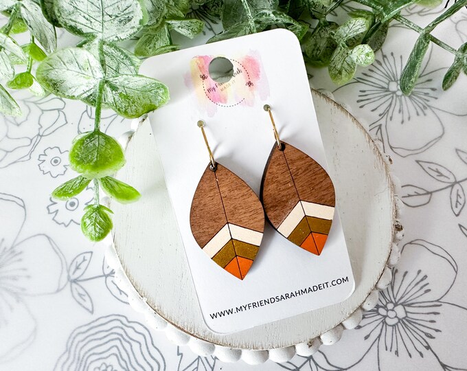 Cream & Orange Chevron Petal Wooden Earrings