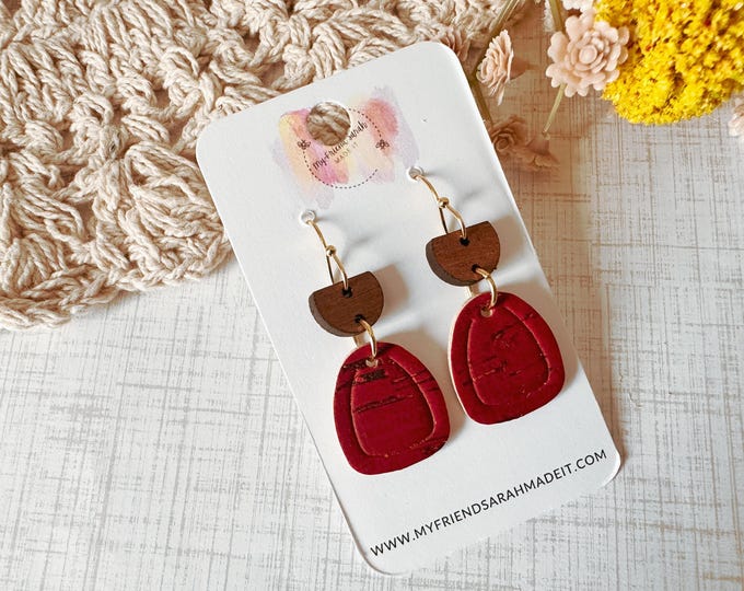 Red Cork & Wood Geometric Dangles