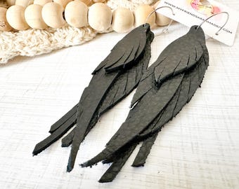 Black Layered Feather Fringe Earrings