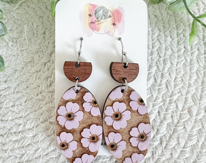 Lavender Floral Wood Earrings