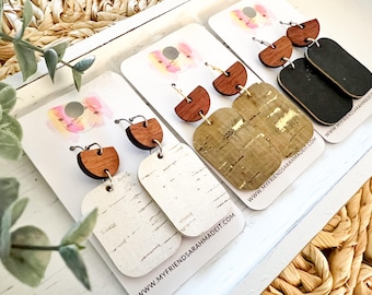 Neutral Cork & Wood Geometric Earrings