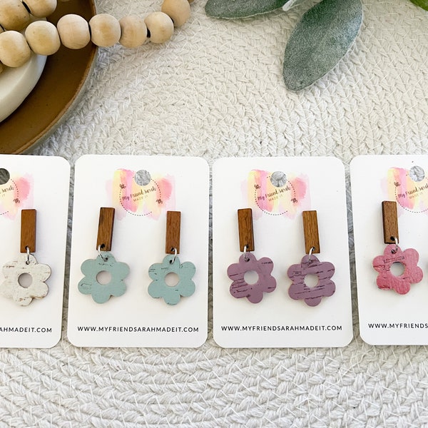 Pastel Cork Flower Earrings | Leather & Wood Floral Drops | Customizable Lightweight Jewelry | #2054