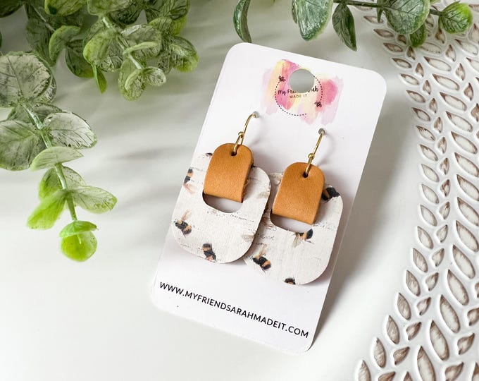 Bee Print Cork Leather Wrapped Hoop Earrings
