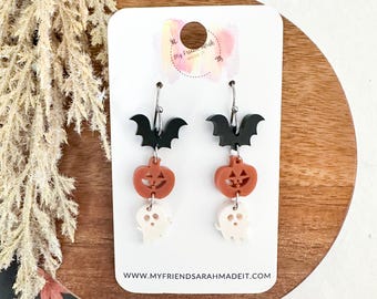Bat, Pumpkin, and Ghost Stack Earrings