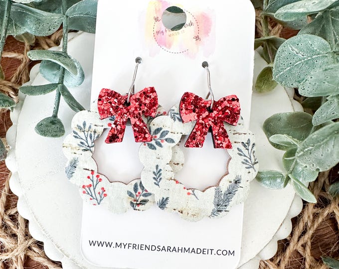 Christmas Botanical Wreath Earrings with Red Glitter Bow