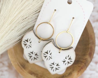 White Scalloped Wooden Earrings