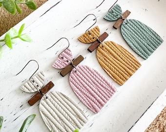 Palm Embossed Leather & Wood Earrings