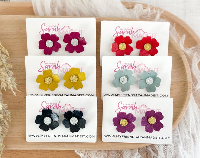 Bright Leather Flower Statement Stud Earrings