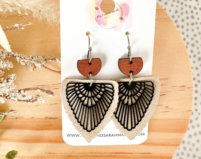 Black Filigree & Sand Suede Scalloped Arrow Earrings