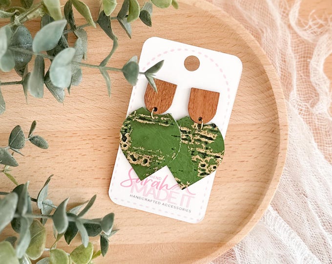 Green Leather & Wood Petal Earrings