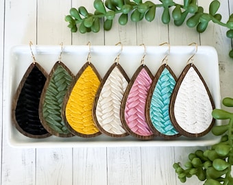 Braided Leather & Wood Teardrop Earrings