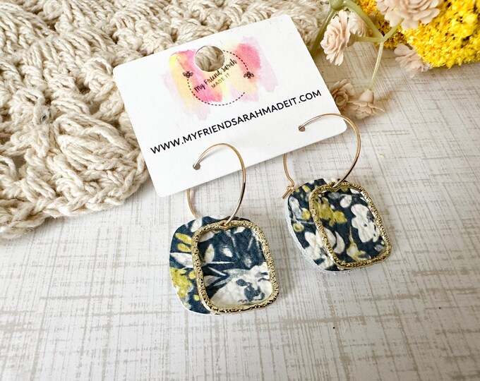 Navy Floral Leather & Brass Hoops