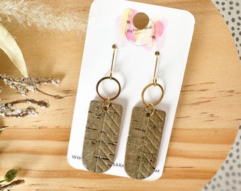 Khaki Green Chevron Embossed Cork Bar Earrings