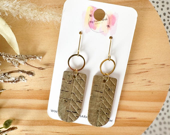Khaki Green Chevron Embossed Cork Bar Earrings