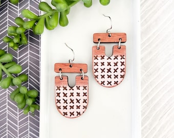 Pink and Brown Cross-Stitched Arch Earrings
