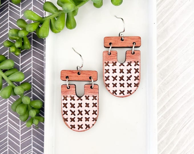 Pink and Brown Cross-Stitched Arch Earrings