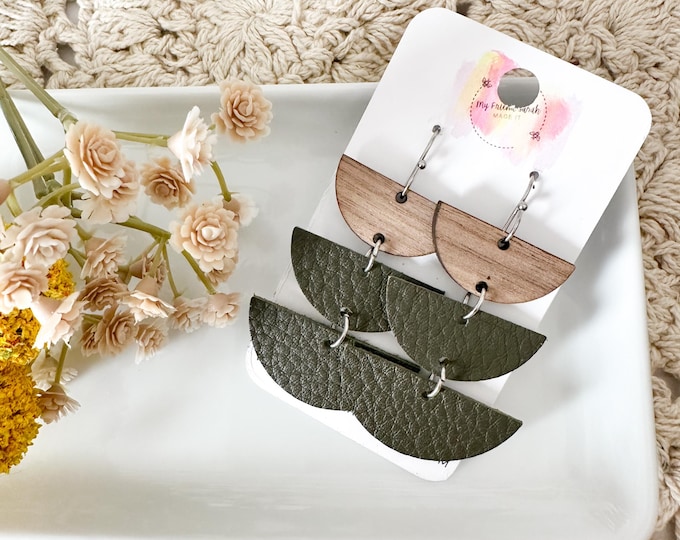 Olive Green Leather and Wood Earrings