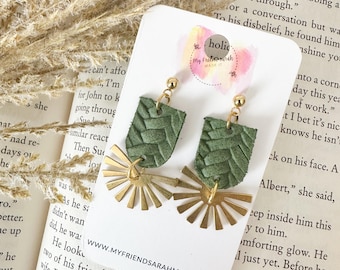 Green Braided Leather Earrings with Brass Fans