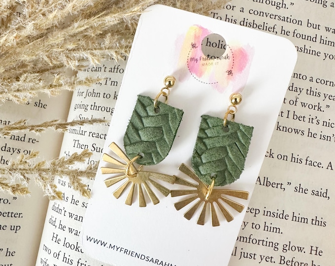Green Braided Leather Earrings with Brass Fans