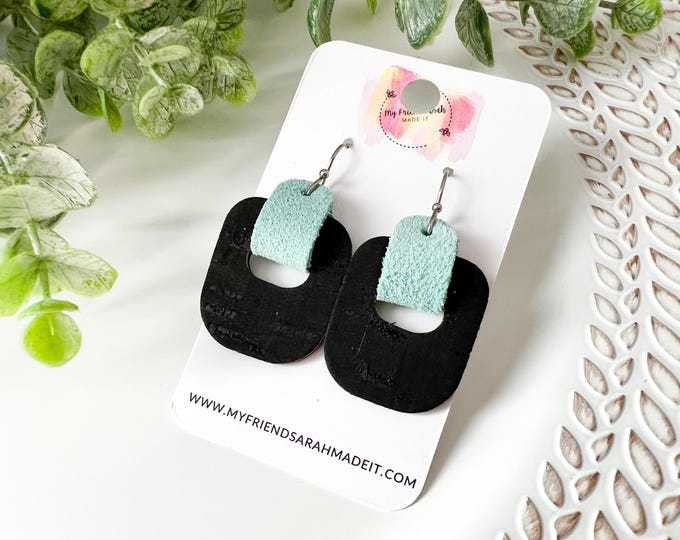 Black Cork + Robins Egg Blue Leather Wrapped Earrings | Lightweight Modern Earrings | Gift for Her | Bold Geometric Everyday Style