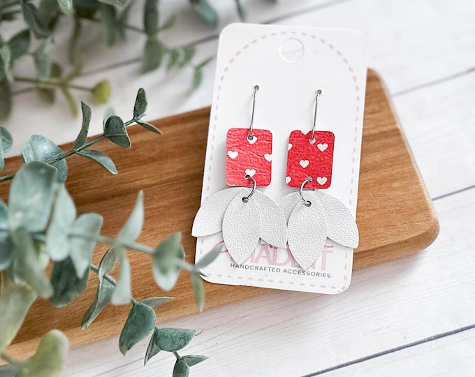 Red & White Geometric Lotus Blossom Earrings