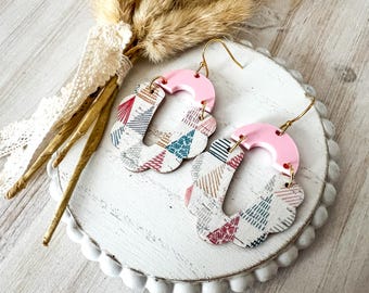 Pink Acrylic & Cork Scalloped Statement Earrings