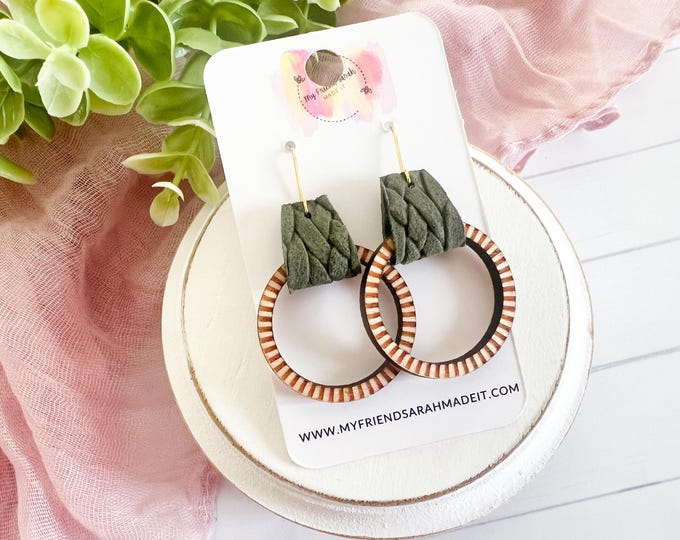 Green Leather Wrapped Striped Wooden Hoop Earrings