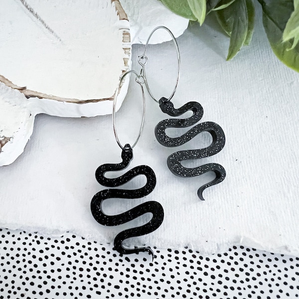 Sleek Black Acrylic Snake Hoop Earrings | Statement Serpent Jewelry | #1868