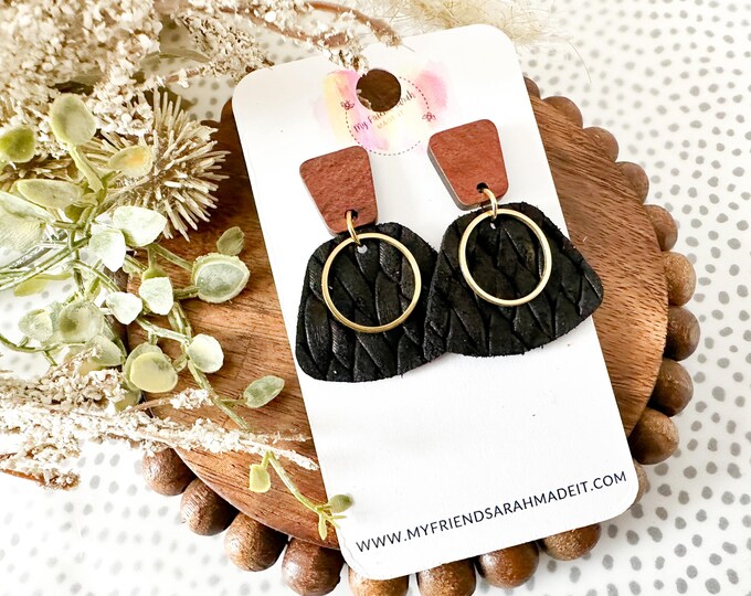 Black Knit Leather Wedge Earrings