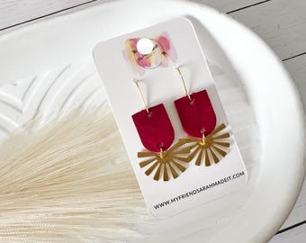 Cranberry Leather & Brass Fan Earrings