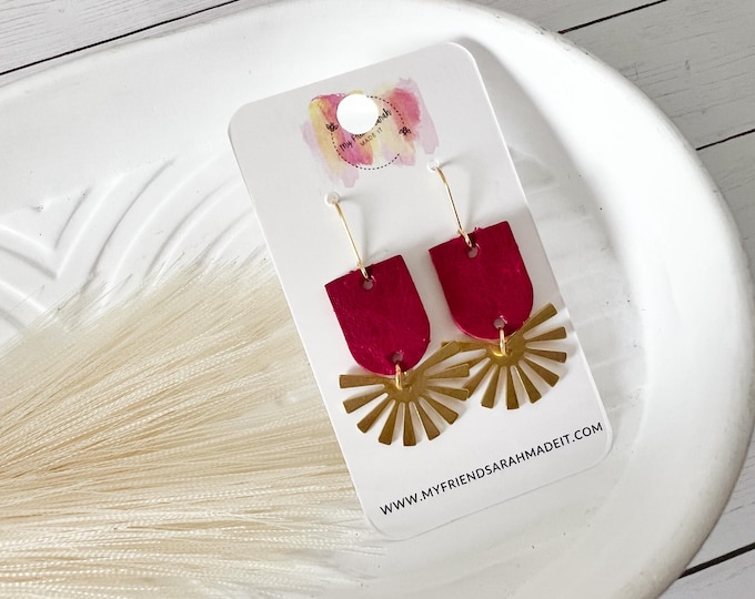 Cranberry Leather & Brass Fan Earrings