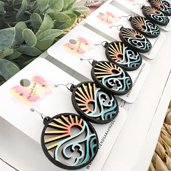 Hand Painted Beach Sunset Wooden Earrings | Coastal Statement Jewelry | #2189