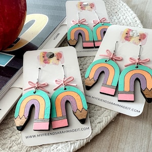 Rainbow Pencil Earrings | Hand Painted Teacher Earrings | Cute Back to School Jewelry | Lightweight Wood Dangles | #2765
