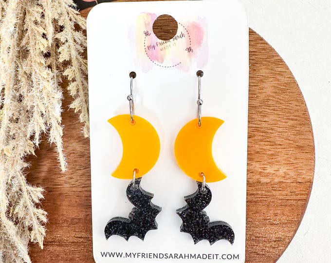 Crescent Moon and Bat Earrings