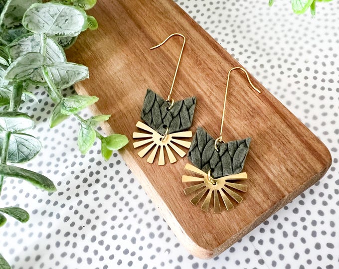 Green Leather Chevron Earrings with Brass Sunburst