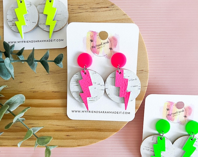 Neon Lightning Bolt Cork Earrings